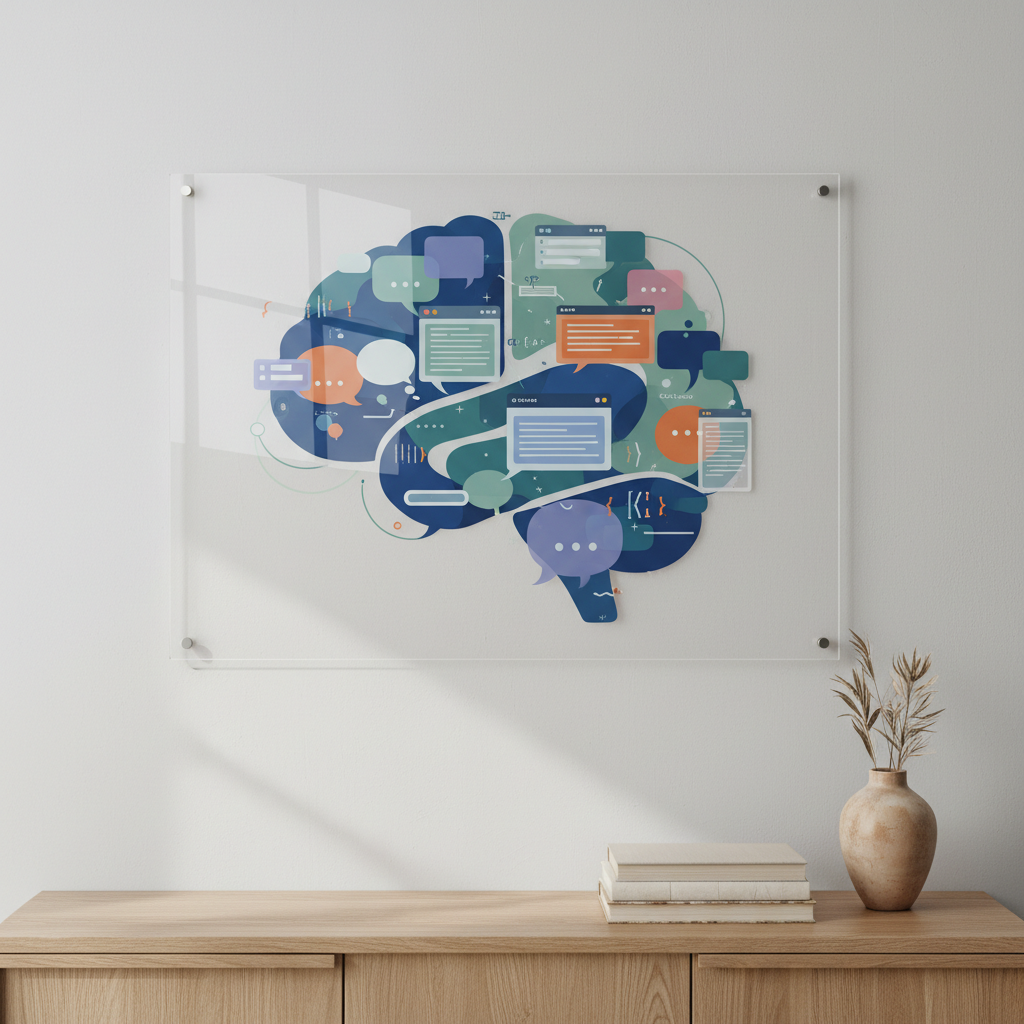 A large, wall-mounted transparent panel filled with overlapping translucent shapes resembling speech bubbles, code fragments, and interface wireframes, all floating above a clean, modern sideboard. The panel’s elements subtly form an abstract outline of a brain, hinting at identity, culture, and artificial intelligence converging. Below, closed books with neutral covers and a single ceramic vase sit in ordered alignment. Soft, diffused studio lighting from the top left creates delicate reflections on the panel and crisp but gentle shadows on the wall. Photographic realism, eye-level composition with the panel centered, emphasizing clarity and conceptual depth. The mood is thoughtful and professional, ideal for a header image on an academic portfolio site about discourse and technology.