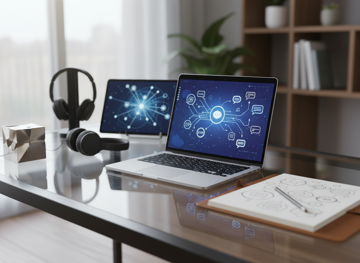 A sleek glass-topped desk arranged as a digital communication research workspace, with an open laptop displaying an abstract interface of interconnected nodes and speech bubbles, and a notebook filled with neatly drawn diagrams of discourse flows. Around it, minimalist objects suggest design and AI: a small geometric metal sculpture, a pair of wireless headphones, and a tablet showing a stylized neural network. Soft daylight from a large unseen window washes across the scene, creating gentle reflections on the glass surface and subtle shadows from each object. Photographic realism, shot from a slightly elevated angle with shallow depth of field, keeping the central devices in sharp focus while the background fades into a soft, modern blur, evoking a calm, focused, academic atmosphere.