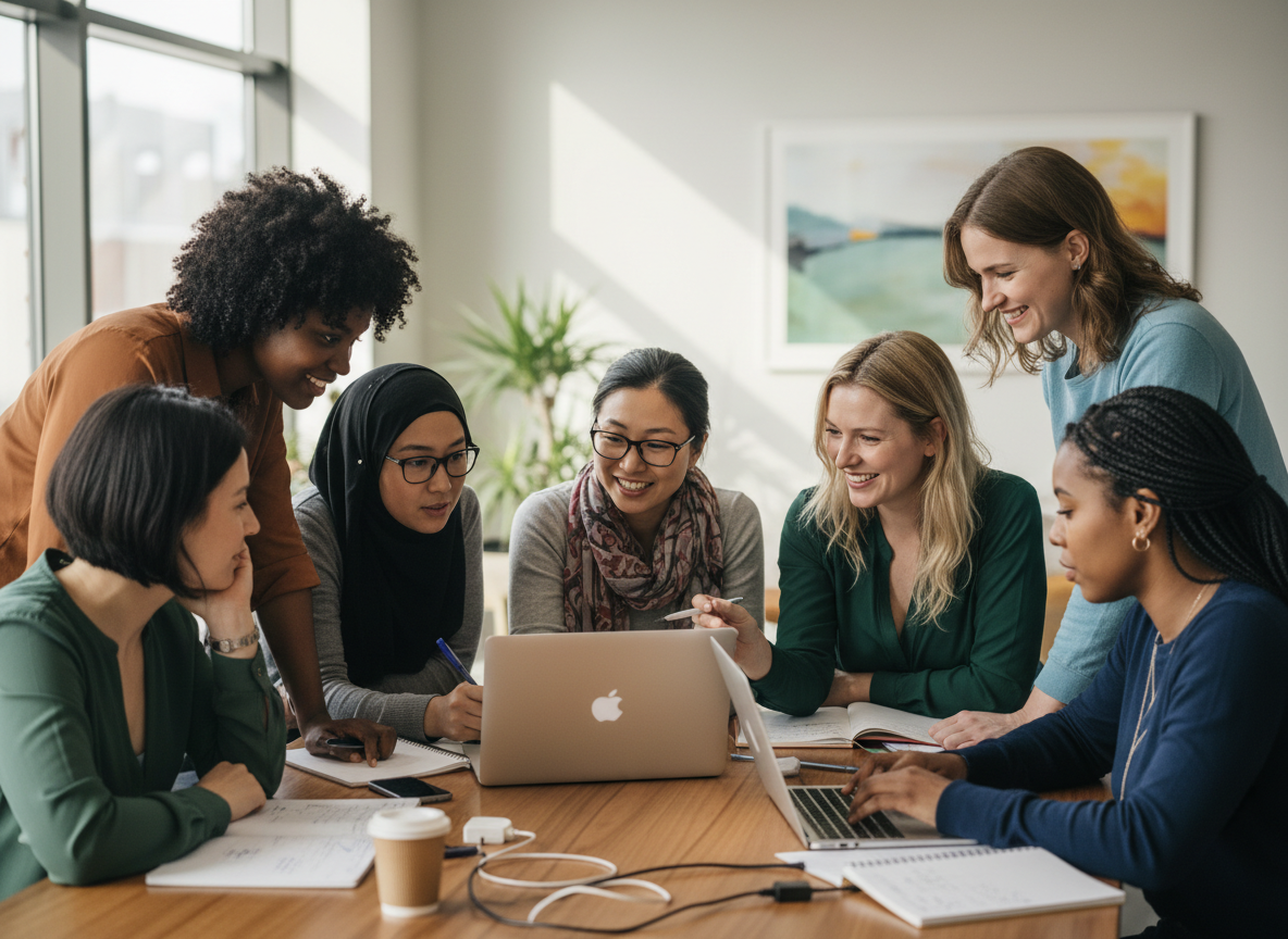 A group of diverse women collaborating and learning together at a community technology event in soft natural light.
